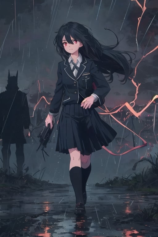 girl walking to school, sexy uniform, long hair, rainy weather, red eyes, black hair, slender body, thunder background, magical creatures in the background.