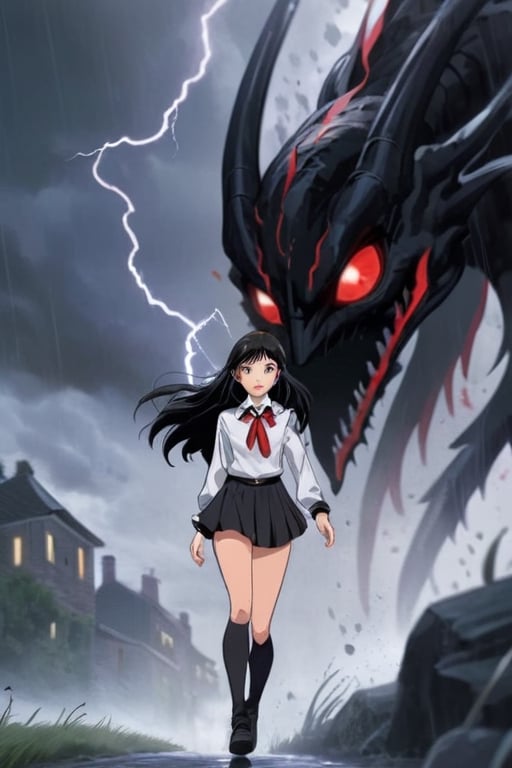 girl walking to school, sexy uniform, long hair, rainy weather, red eyes, black hair, slender body, thunder background, magical creatures in the background.,fantasy00d