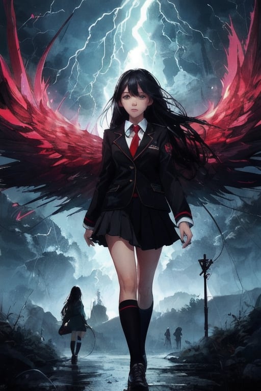 girl walking to school, sexy uniform, long hair, rainy weather, red eyes, black hair, slender body, thunder background, magical creatures in the background.,fantasy00d