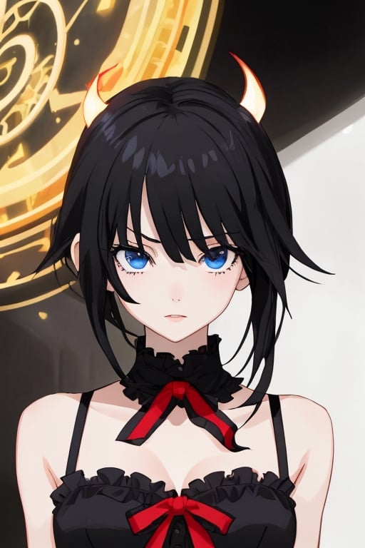 infernal princess, with human form but with diabolical features, full details, 1 girl, casually dressed, slender body, blue eyes, black hair color, light skin, masterpiece,aakurumi
