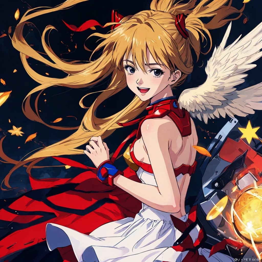 asuka adult version, angel_wings, angel, masterpiece, full details, details, black eyes, blonde laughed hair, dynamic background, white dress.,YeiyeiArt,Worldwide trending artwork