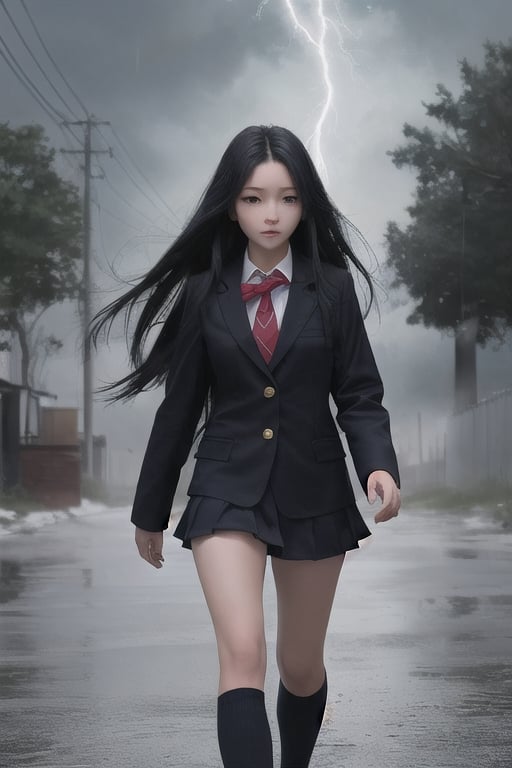 girl walking to school, sexy uniform, long hair, rainy weather, red eyes, black hair, slender body, thunder background, magical creatures in the background.