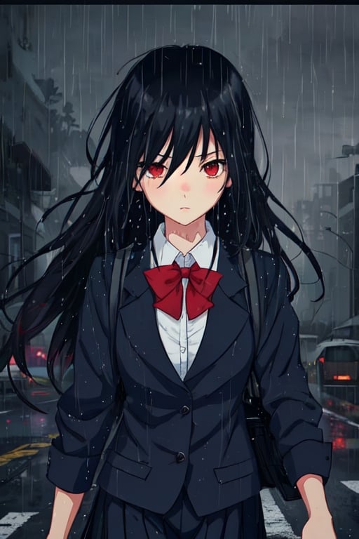 girl walking to school, sexy uniform, long hair, rainy weather, red eyes, black hair, slender body, thunder background, magical creatures in the background.