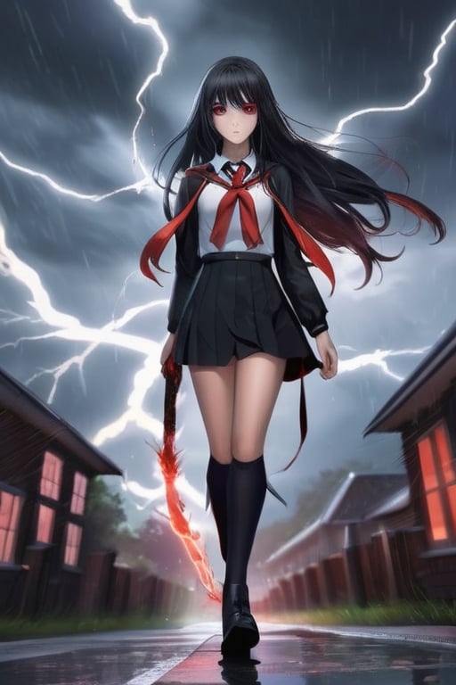 girl walking to school, sexy uniform, long hair, rainy weather, red eyes, black hair, slender body, thunder background, magical creatures in the background.,fantasy00d