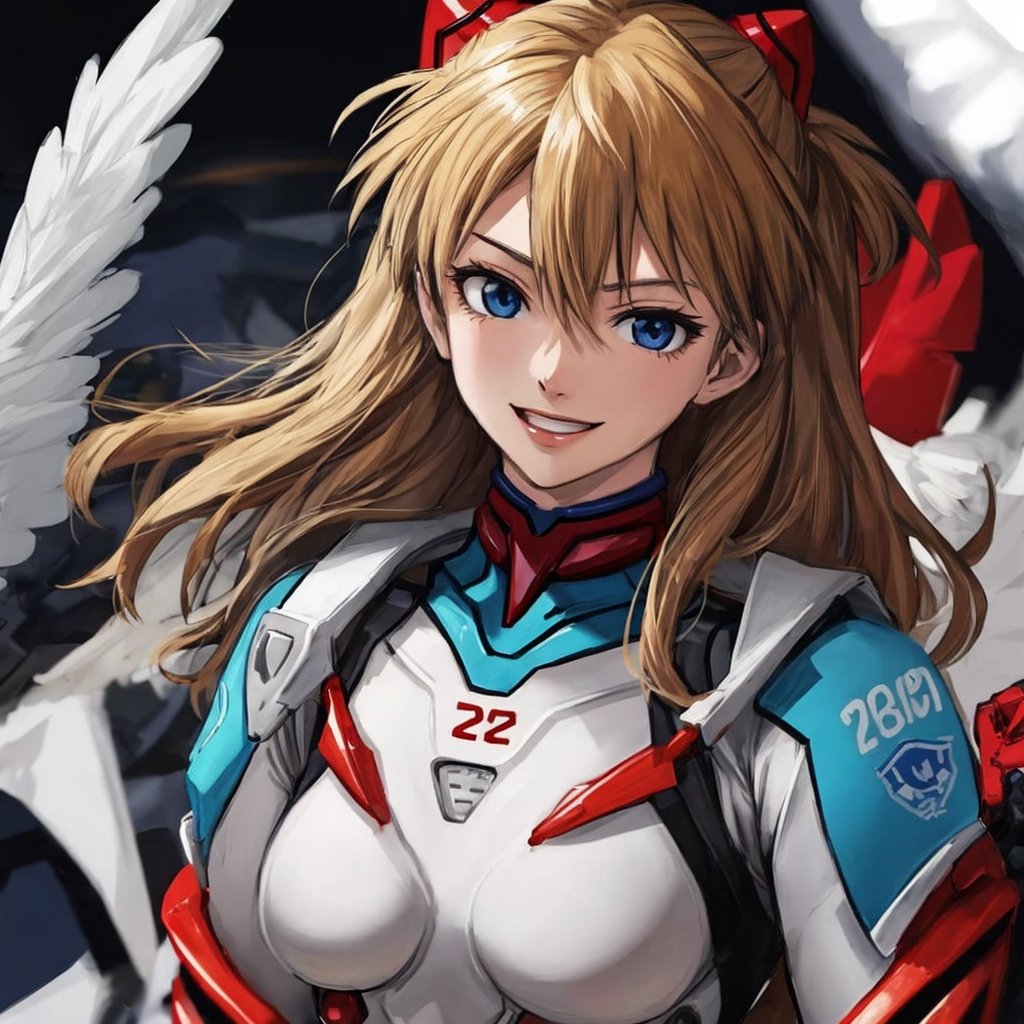 asuka,angel_wings, angel girl, masterpiece, full details, details, black eyes, blonde laughed hair, dynamic background  , blue eyes