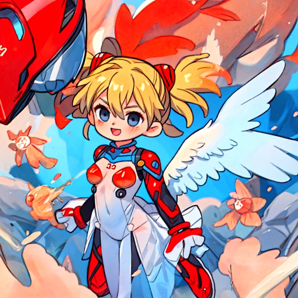 asuka,angel_wings, angel, masterpiece, full details, details, black eyes, blonde laughed hair, dynamic background  , blue eyes