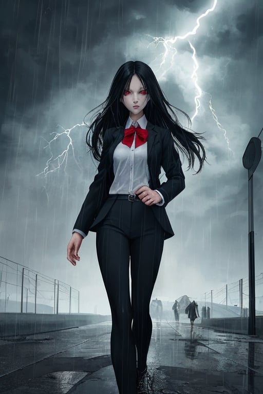 girl walking to school, sexy uniform, long hair, rainy weather, red eyes, black hair, slender body, thunder background, magical creatures in the background.