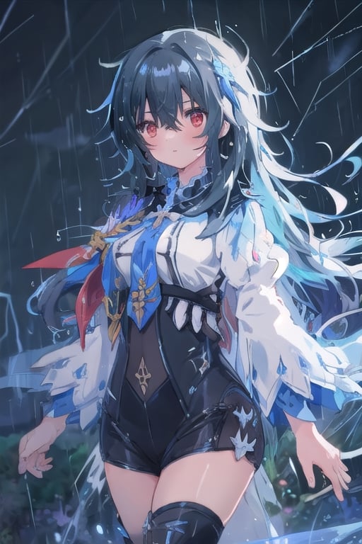 girl walking to school, sexy uniform, long hair, rainy weather, red eyes, black hair, slender body, thunder background, magical creatures in the background.,fantasy00d