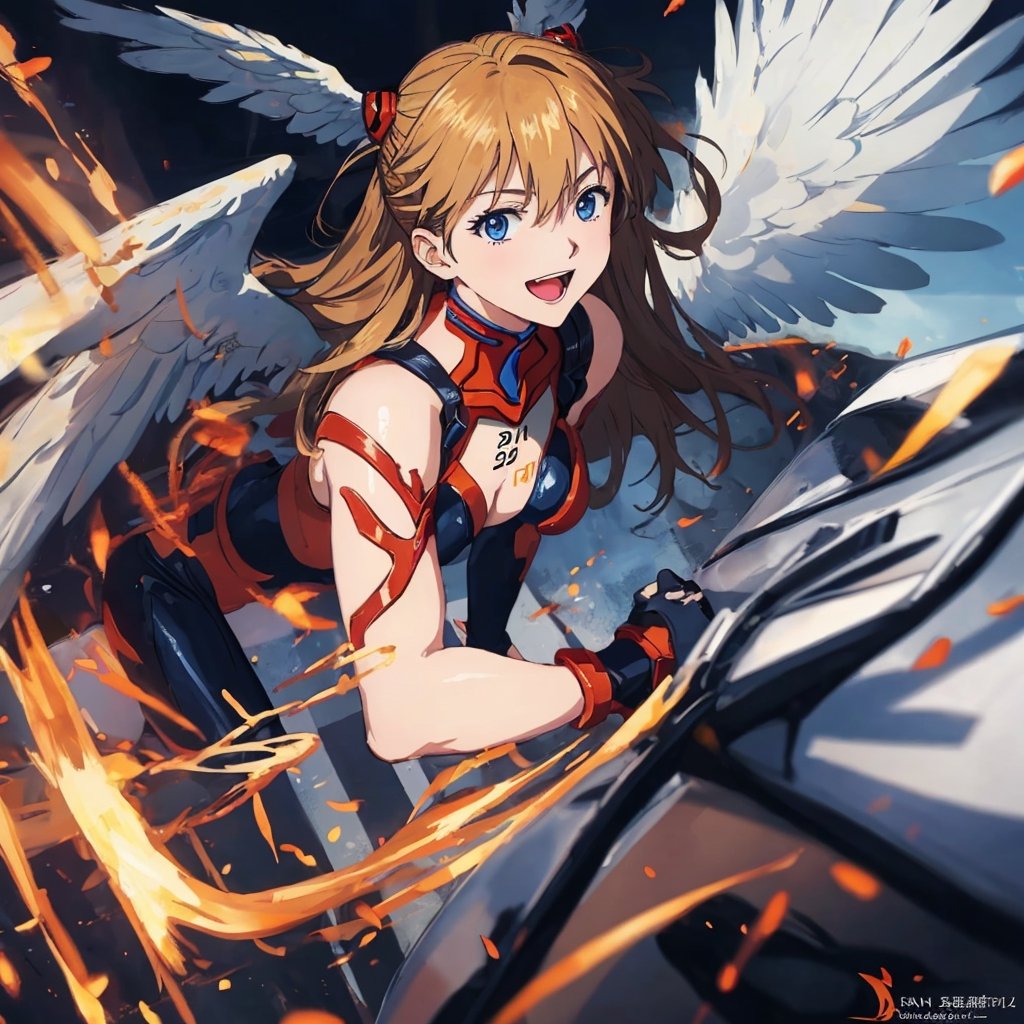 asuka,angel_wings, angel, masterpiece, full details, details, black eyes, blonde laughed hair, dynamic background  , blue eyes