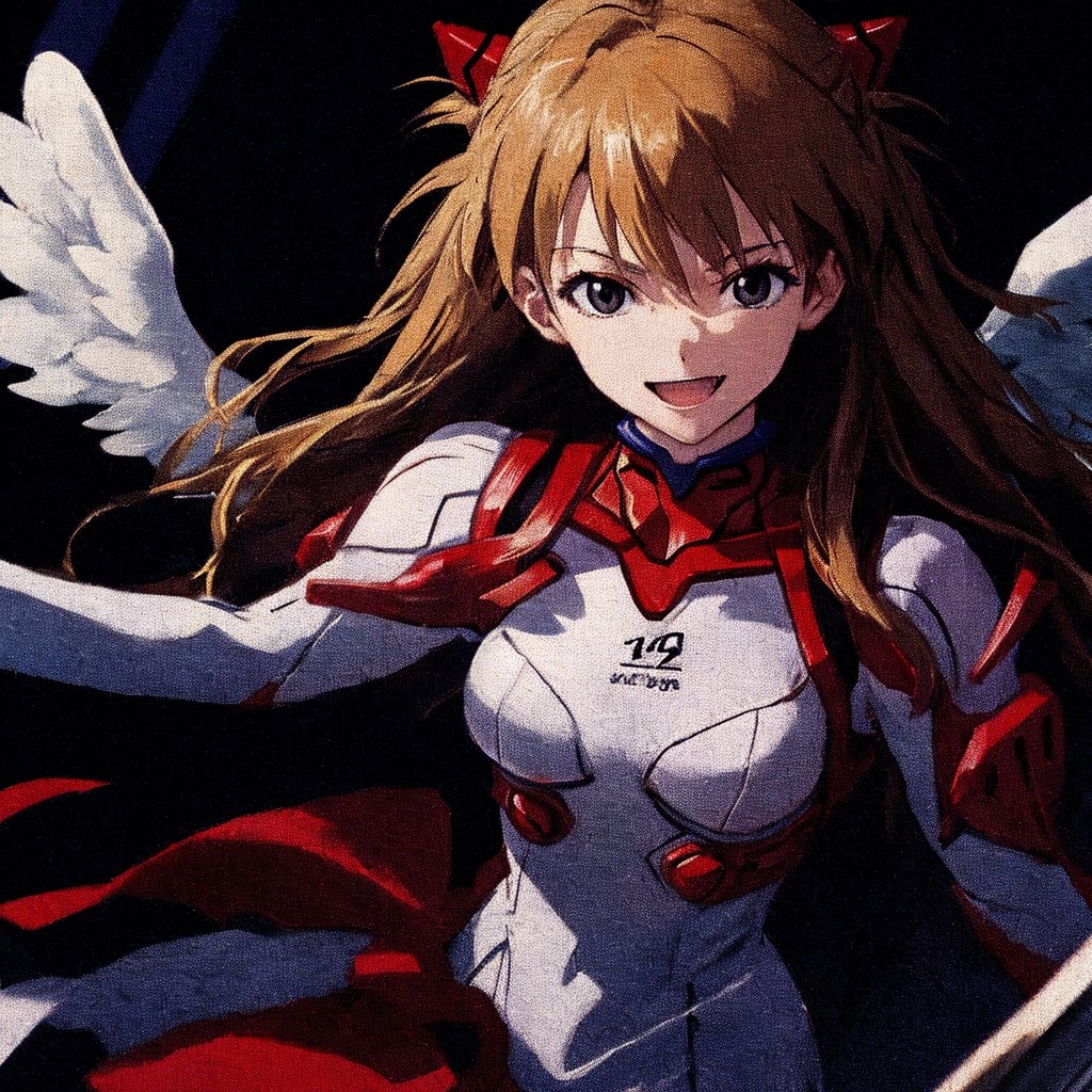 asuka adult version, angel_wings, angel, masterpiece, full details, details, black eyes, blonde laughed hair, dynamic background, white dress.