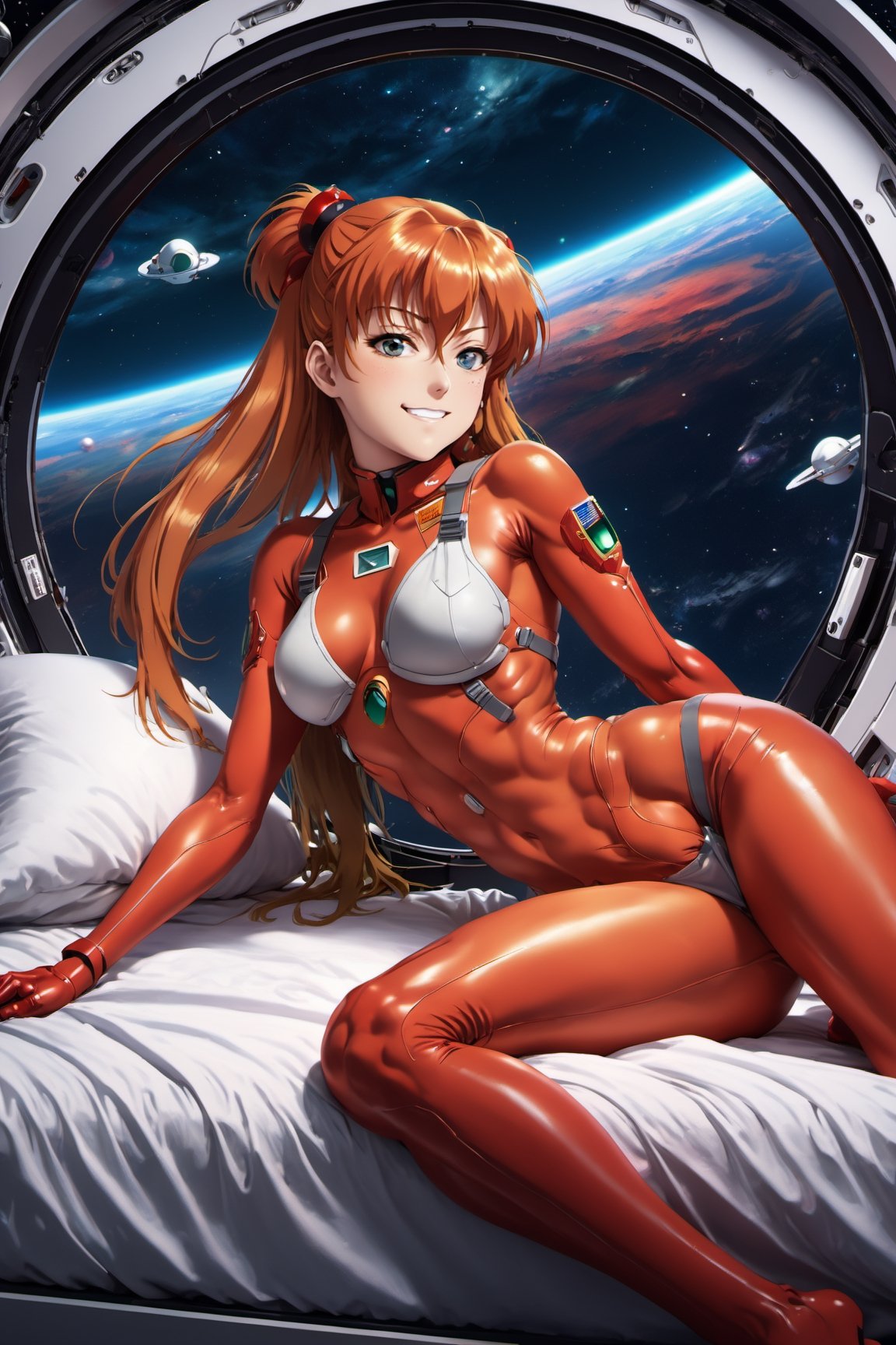 Asuka Langley, sexy look, satisfied smile, sexy pose, eye patch, lying on bed, naked, in a capsule, in space, 1 girl