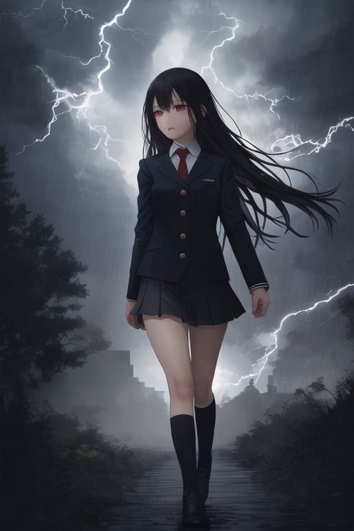 girl walking to school, sexy uniform, long hair, rainy weather, red eyes, black hair, slender body, thunder background, magical creatures in the background.