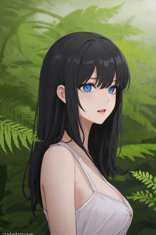 infernal princess, with human form but with diabolical features, full details, 1 girl, casually dressed, slender body, blue eyes, black hair color, light skin, masterpiece,,fern