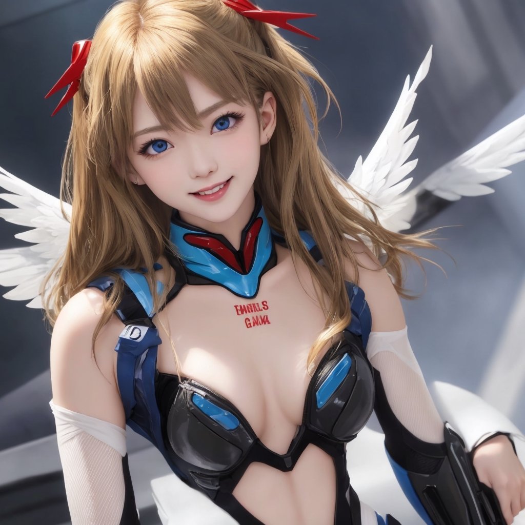 asuka,angel_wings, angel girl, masterpiece, full details, details, black eyes, blonde laughed hair, dynamic background  , blue eyes