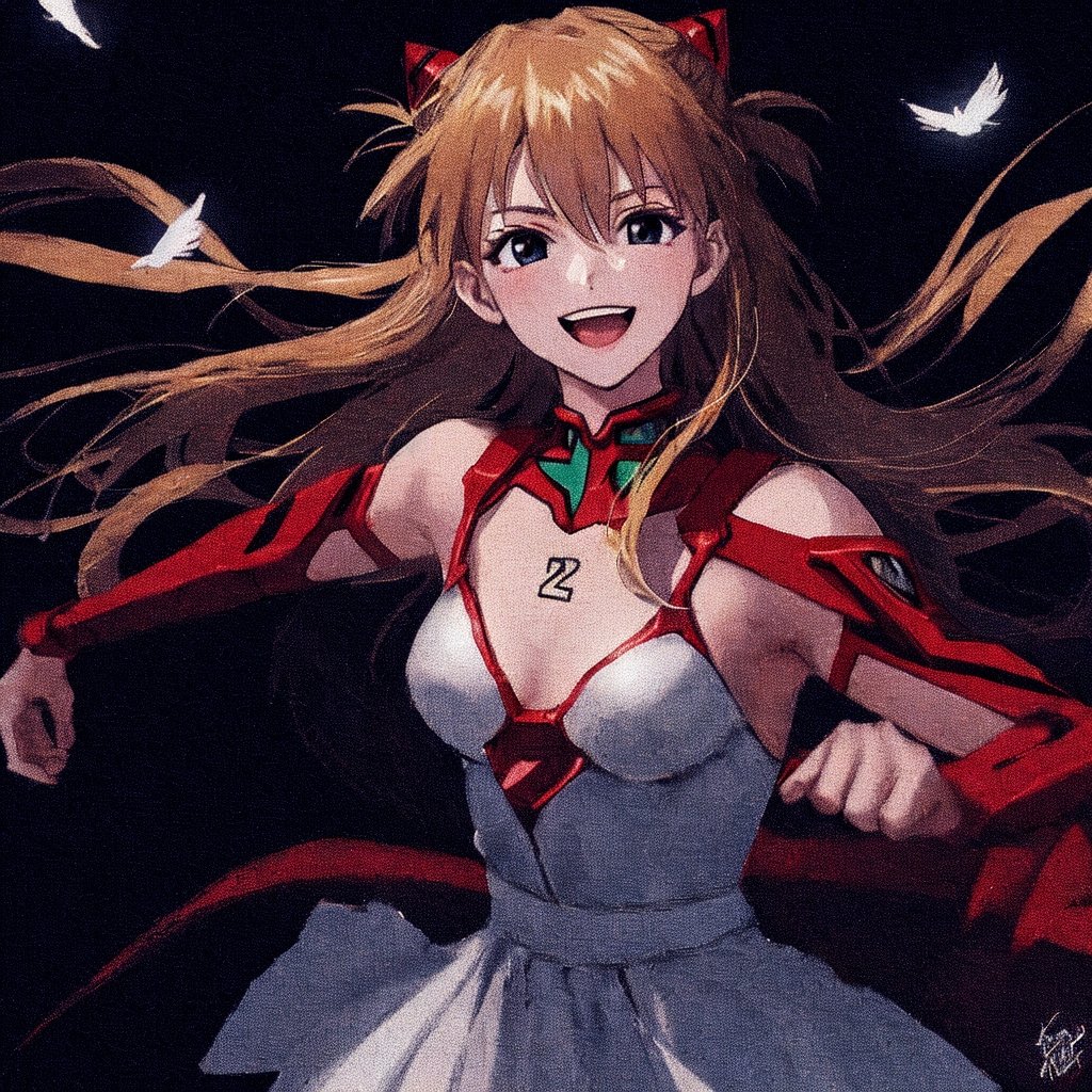 asuka adult version, angel_wings, angel, masterpiece, full details, details, black eyes, blonde laughed hair, dynamic background, white dress.