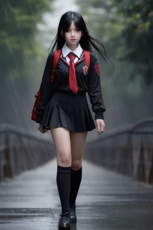 girl walking to school, sexy uniform, long hair, rainy weather, red eyes, black hair, slender body, thunder background, magical creatures in the background.,fantasy00d