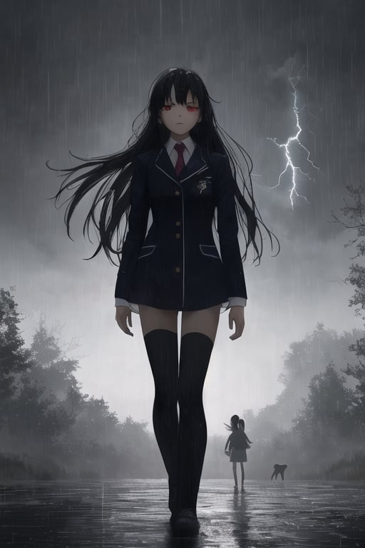 girl walking to school, sexy uniform, long hair, rainy weather, red eyes, black hair, slender body, thunder background, magical creatures in the background.