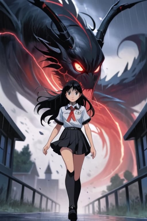 girl walking to school, sexy uniform, long hair, rainy weather, red eyes, black hair, slender body, thunder background, magical creatures in the background.,fantasy00d