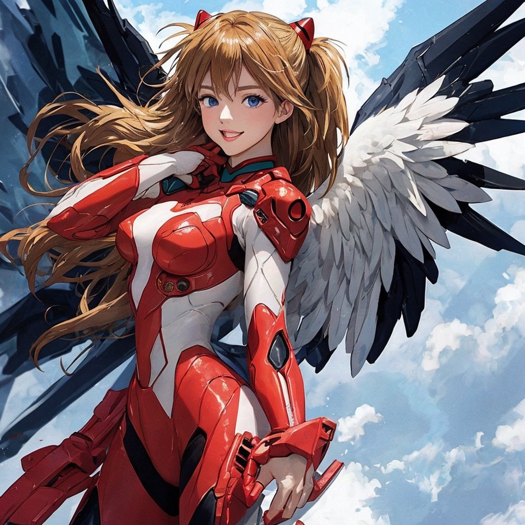 asuka,angel_wings, angel girl, masterpiece, full details, details, black eyes, blonde laughed hair, dynamic background  , blue eyes