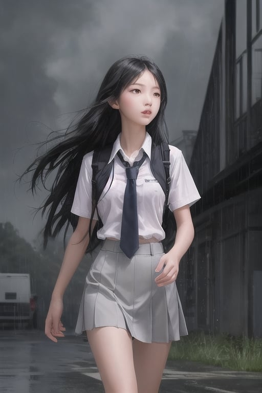 girl walking to school, sexy uniform, long hair, rainy weather, red eyes, black hair, slender body, thunder background, magical creatures in the background.