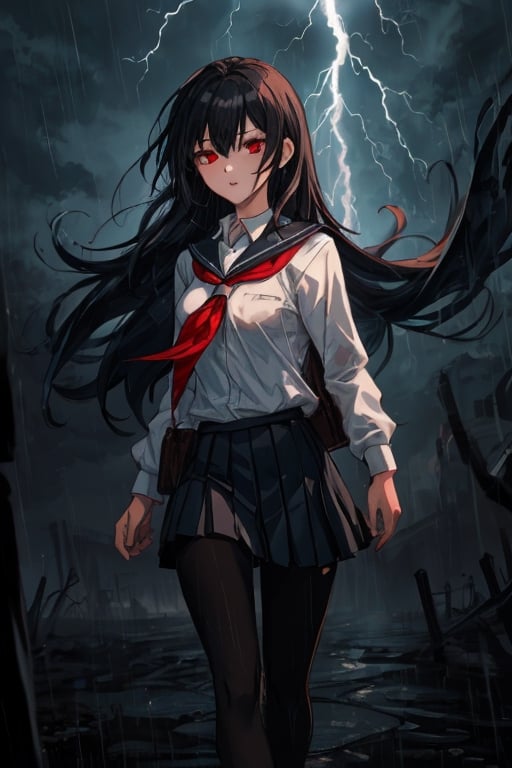 girl walking to school, sexy uniform, long hair, rainy weather, red eyes, black hair, slender body, thunder background, magical creatures in the background.