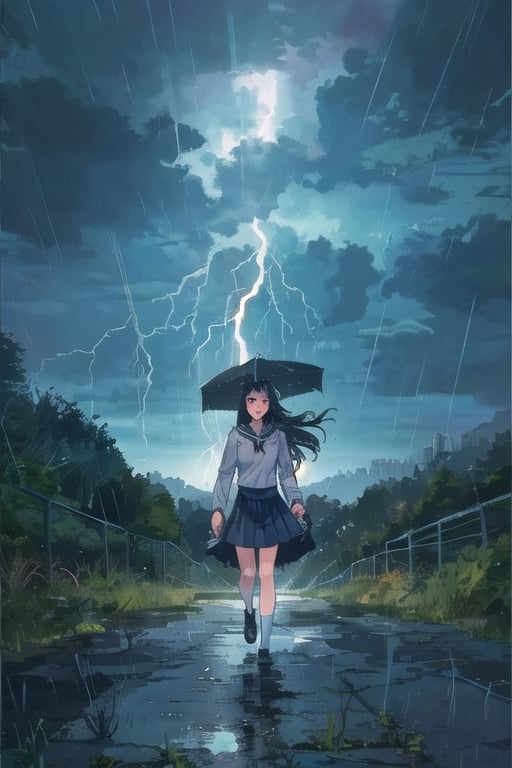 girl walking to school, sexy uniform, long hair, rainy weather, red eyes, black hair, slender body, thunder background, magical creatures in the background.