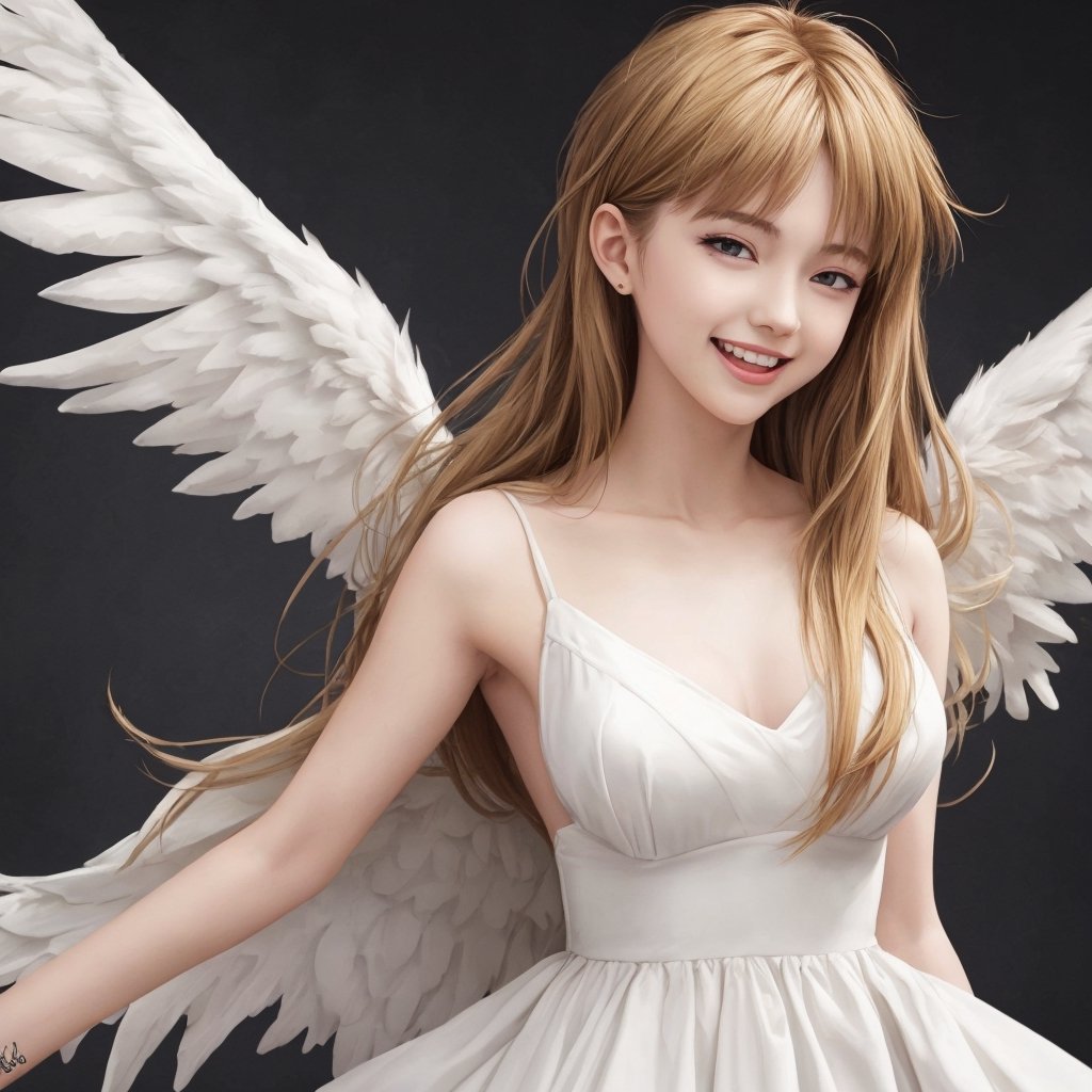 asuka adult version, angel_wings, angel, masterpiece, full details, details, black eyes, blonde laughed hair, dynamic background, white dress.,YeiyeiArt,Worldwide trending artwork