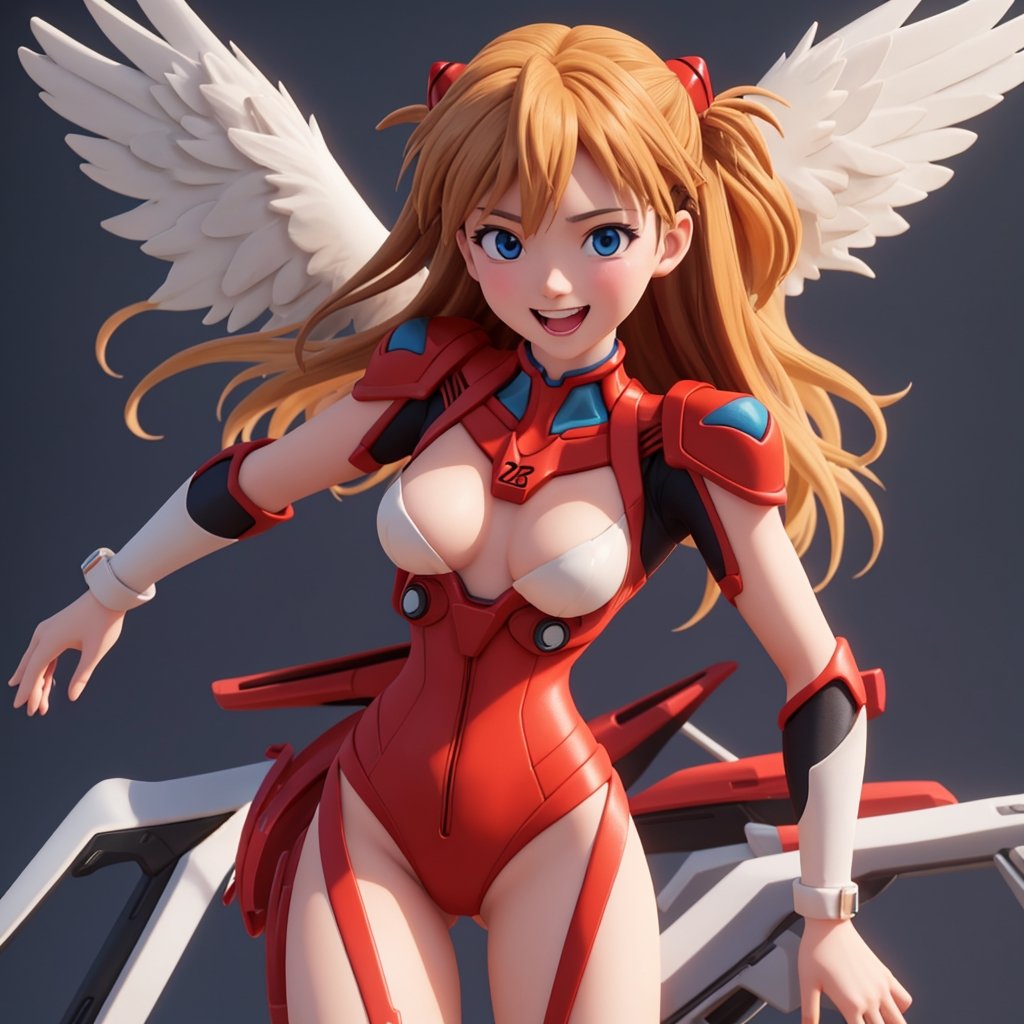 asuka,angel_wings, angel, masterpiece, full details, details, black eyes, blonde laughed hair, dynamic background  , blue eyes,3D