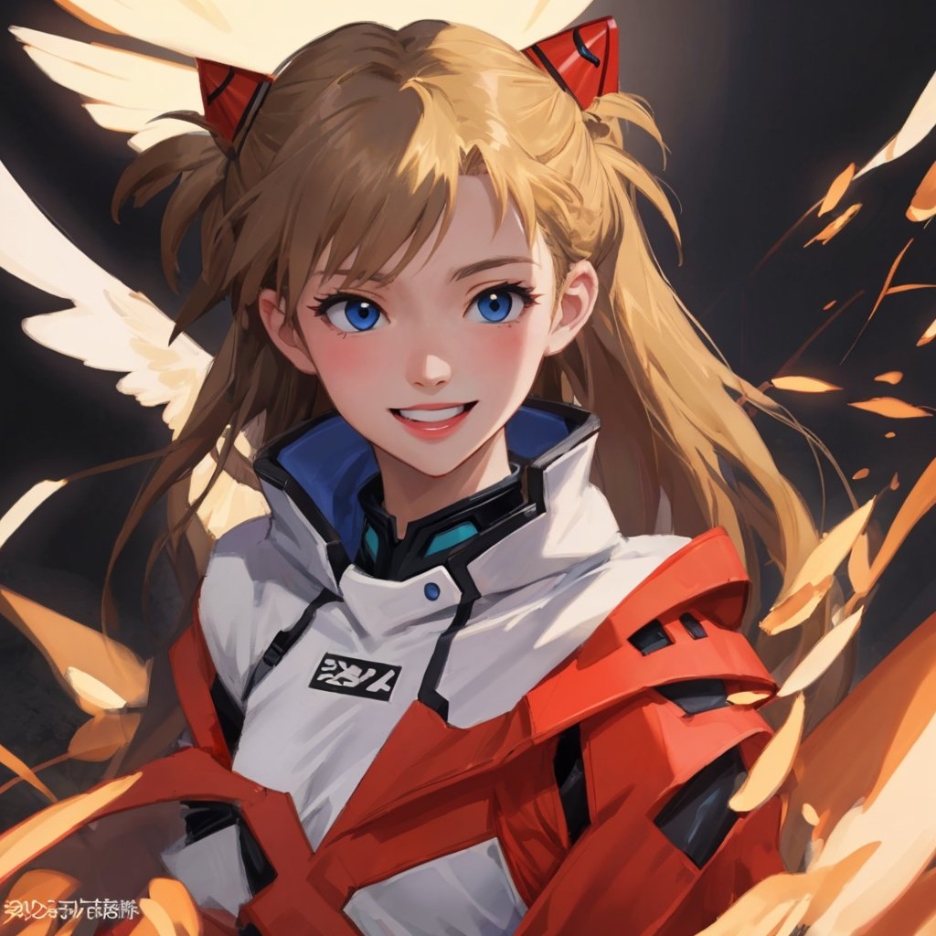 asuka,angel_wings, angel, masterpiece, full details, details, black eyes, blonde laughed hair, dynamic background  , blue eyes