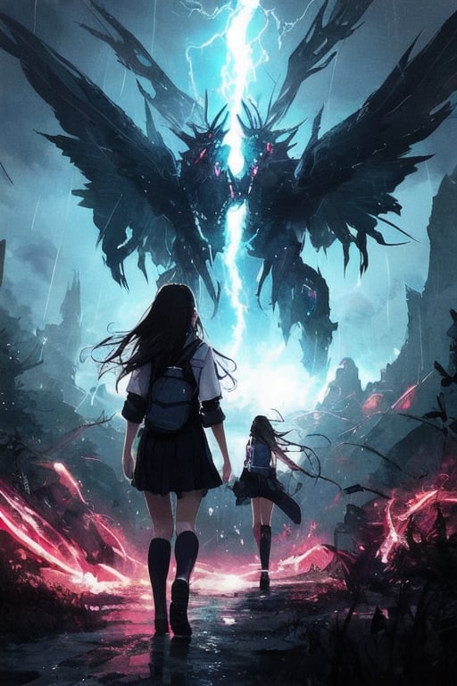 girl walking to school, sexy uniform, long hair, rainy weather, red eyes, black hair, slender body, thunder background, magical creatures in the background.,fantasy00d