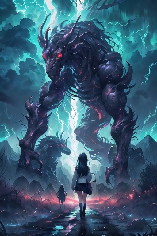 girl walking to school, sexy uniform, long hair, rainy weather, red eyes, black hair, slender body, thunder background, magical creatures in the background.,fantasy00d