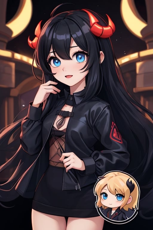 infernal princess, with human form but with diabolical features, full details, 1 girl, casually dressed, slender body, blue eyes, black hair color, light skin, masterpiece,ruanyi0070,chibi