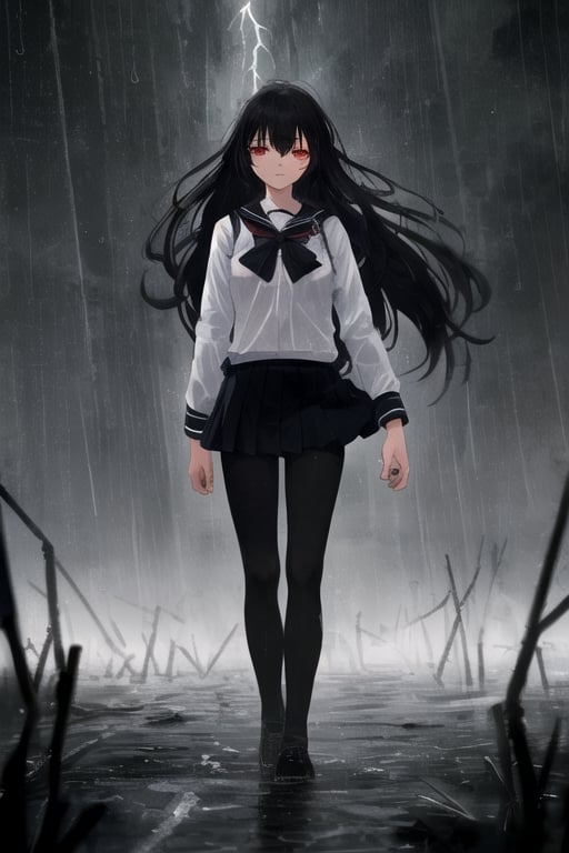 girl walking to school, sexy uniform, long hair, rainy weather, red eyes, black hair, slender body, thunder background, magical creatures in the background.