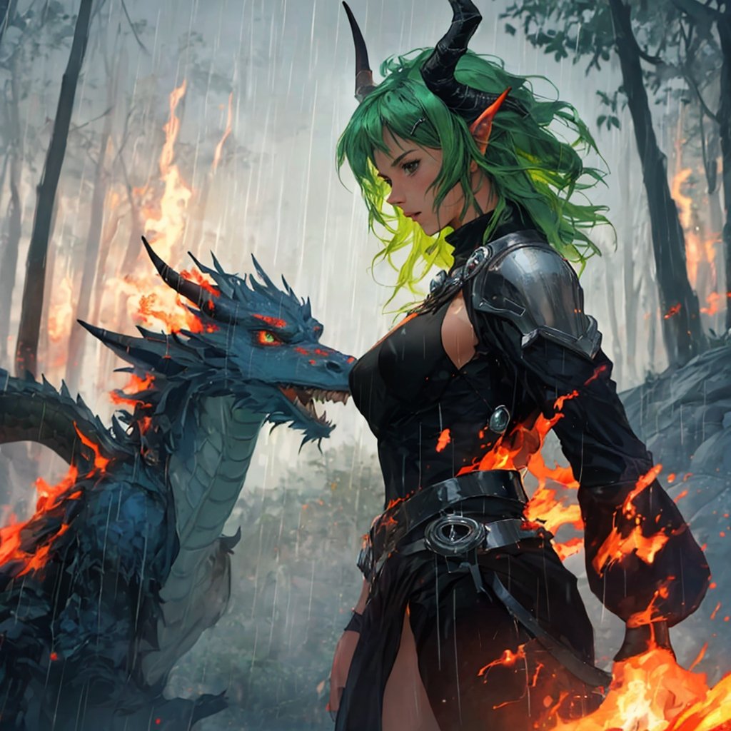 semi-human with horns, forest background, mage, green hair, slender body, fiery fire, dragon in background, world inflames, magic in background, rain, lightning on the side, normal breasts, masterpiece, full details., 