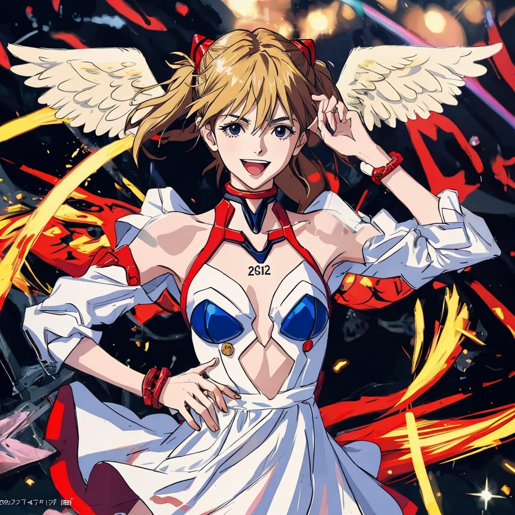 asuka adult version, angel_wings, angel, masterpiece, full details, details, black eyes, blonde laughed hair, dynamic background, white dress.,YeiyeiArt,Worldwide trending artwork