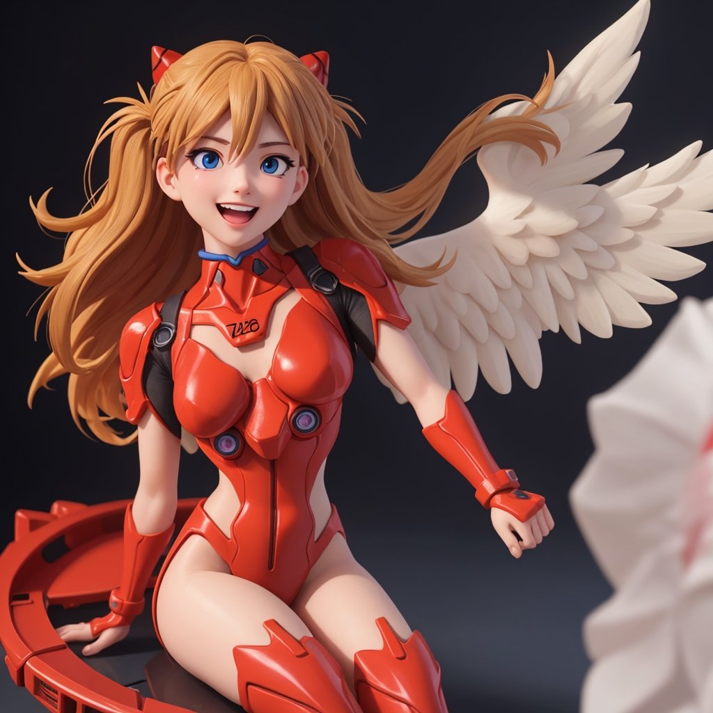 asuka,angel_wings, angel, masterpiece, full details, details, black eyes, blonde laughed hair, dynamic background  , blue eyes,3D