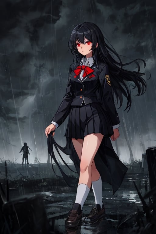 girl walking to school, sexy uniform, long hair, rainy weather, red eyes, black hair, slender body, thunder background, magical creatures in the background.