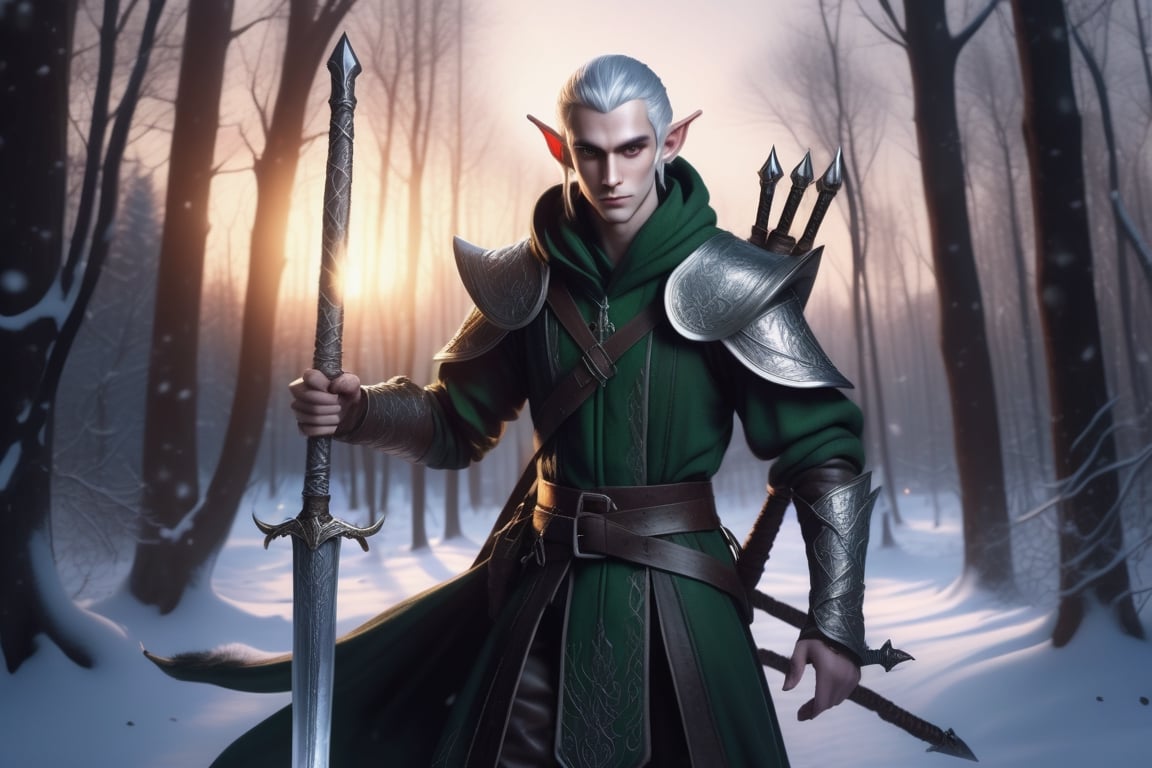 A single tall slim fit pale dark male elf with bright silver eyes, (carrying a single sword in one hand), a potion bottle in the other hand, looking at the viewer, wearing leather grabs from head to Toe. Sunset as backlight, winter, forest covered snow.  HD, 4K, high resolution.

darkart,LegendDarkFantasy ,realistic