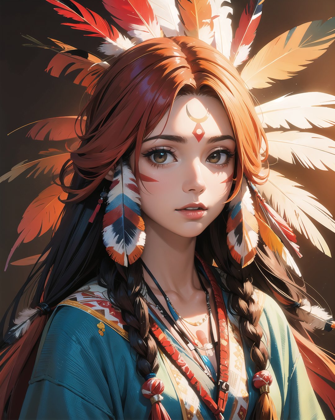 a painting of a extremely psychedelic portrait of a north American Indian, feathers in her hair, vibrantly colored, skin, orange flowing hair, header, high Detail, UHD, HDR, 8K, UHD, HDR
