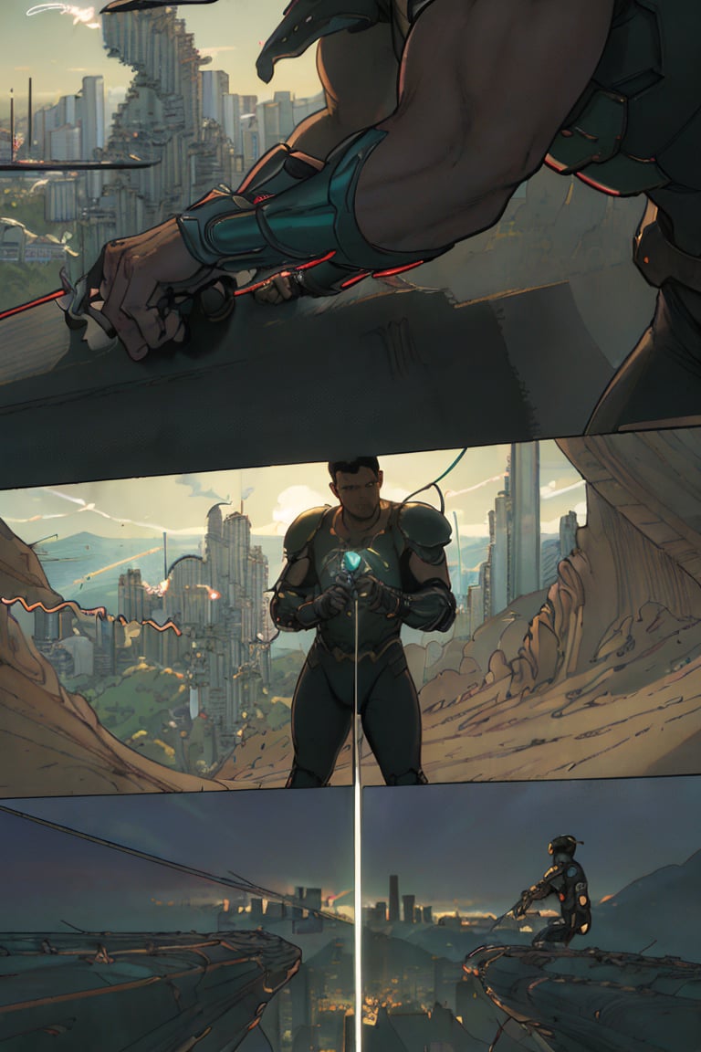 a comic book page , (masterpiece, best quality:1.3), photorealistic, raw photo, hyperrealistic, hyperdetailed, natural light, ray tracing, subsurface scattering, high-resolution,  high contrast, realistic style, HDR, 8k , extreme detailed background, soothing tone, man wearing a cybernetic high tech armour, stand in the center in heroic pose, (cityscape:1.5)