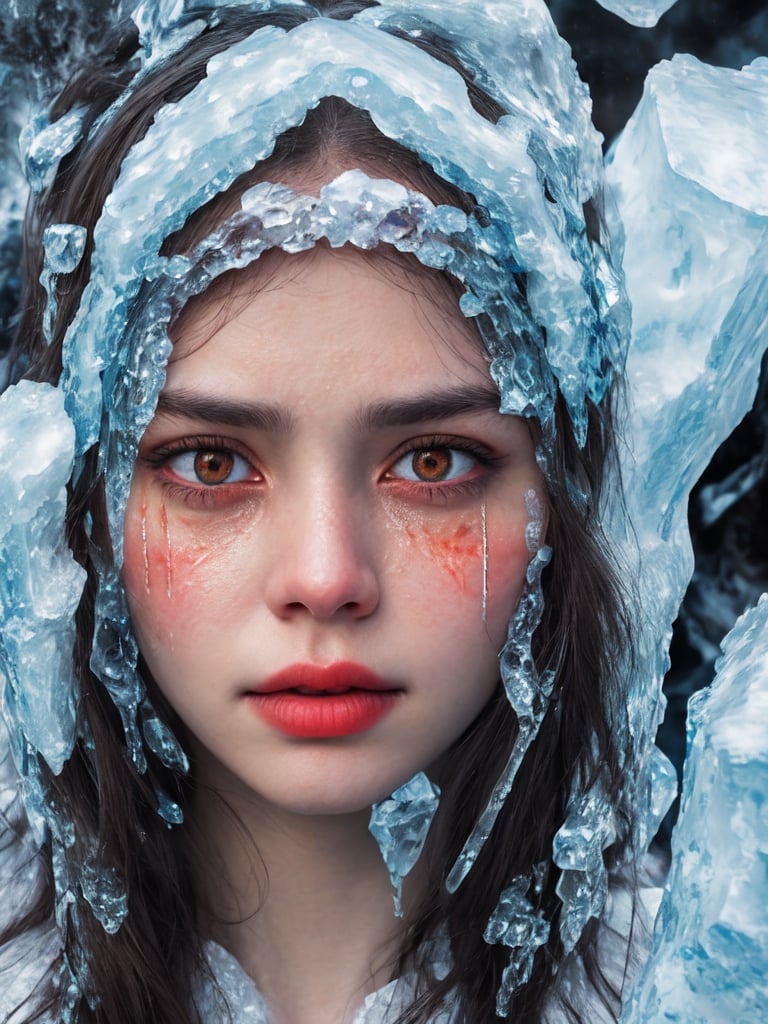 RAW photorealistic  portrait of a radiant goddess of lava and ice. tears of ice and tears of fire dripping from her eyes
  
