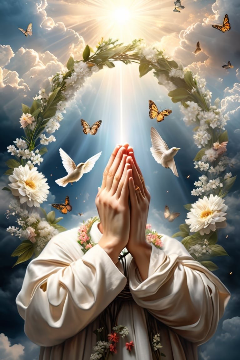  Cinematic, photorealistic closeup of two praying hands, in center, flowers wreath around the hands, holy lights burst through clouds, very sacred image, birds flying around, butterflies