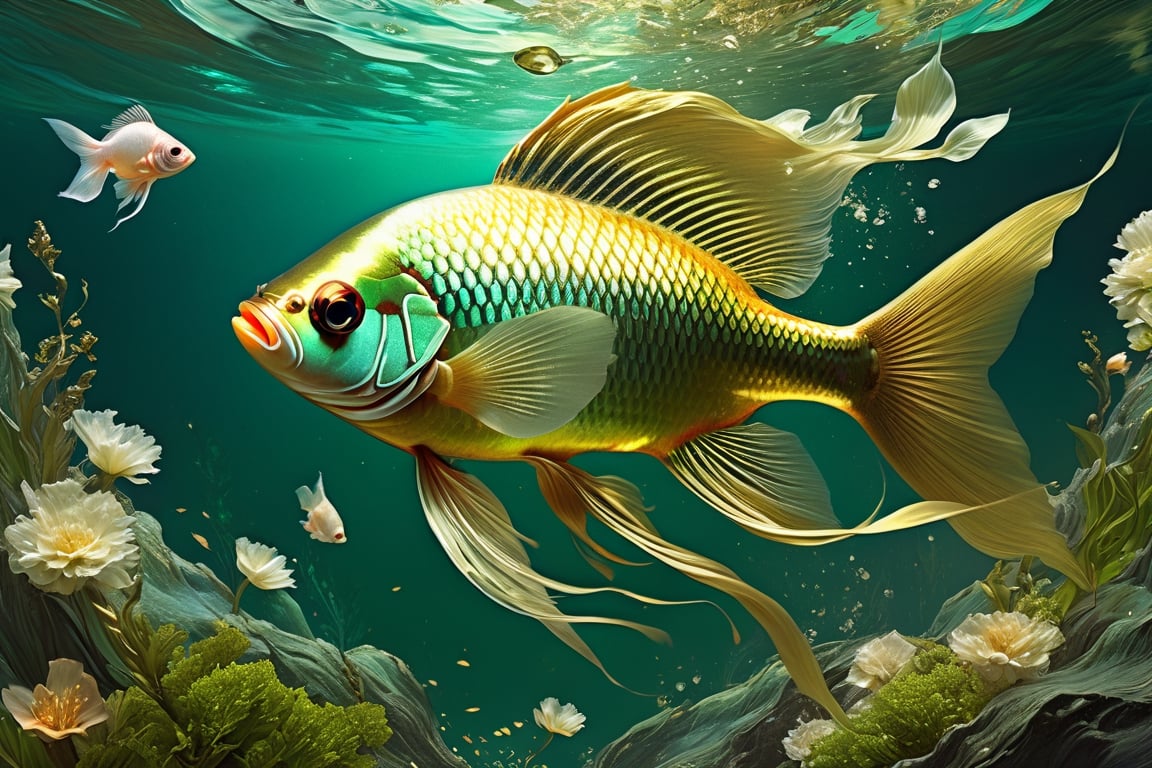  Cinematic, photorealistic of a goldfish and a siamese fighter fish, vibrant colors, green & gold , fantasy, warm green tone, surreal, 8k resolution photorealistic masterpiece by Aaron Horkey and Jeremy Mann, professional photography, volumetric lighting maximalist photoillustration by marton bobzert, 8k resolution concept art intricately detailed, complex, elegant, expansive, fantastical, mythical clouds, caustics of light, 