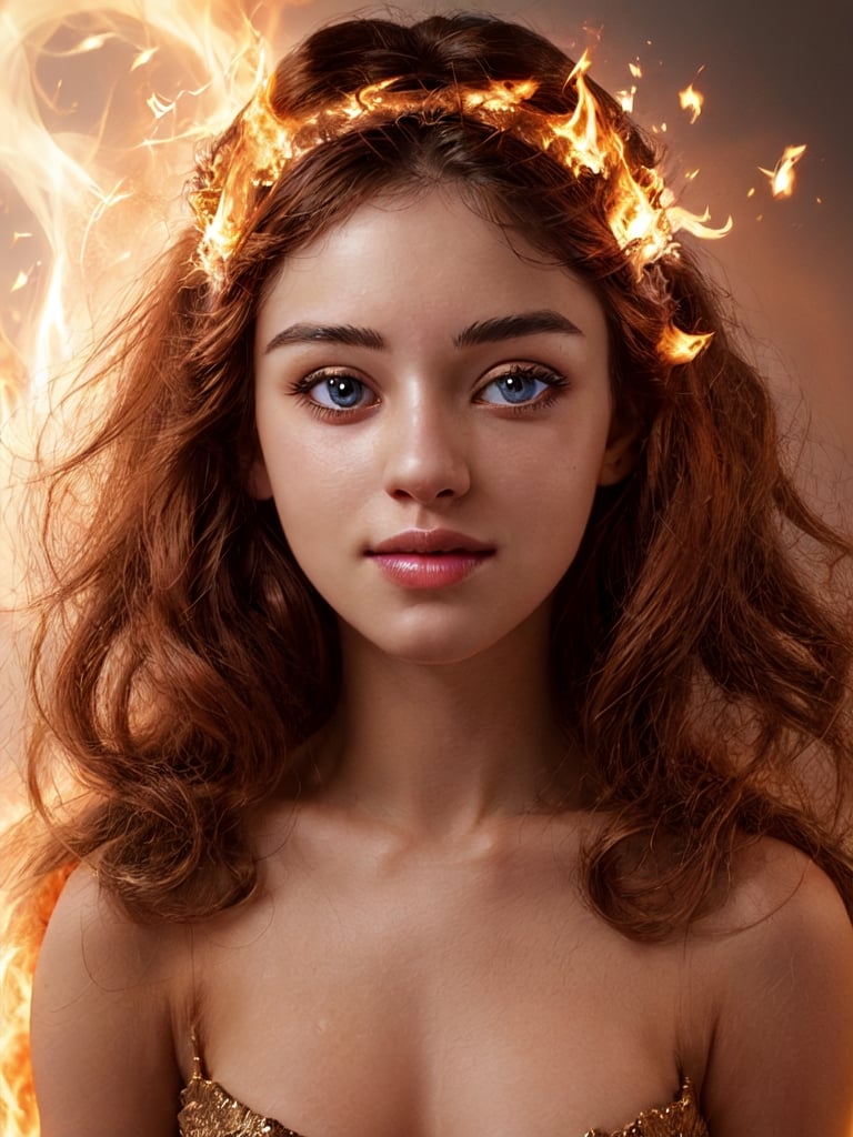 super photorealistic closeup portrait of a radiant goddess of fire and ice.
  