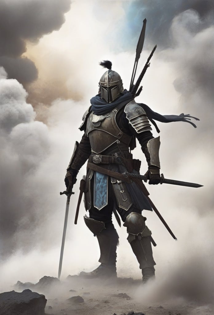 jonnzack_art_style, a lone warrior with his weapons and swords and standing amidst clouds of dust and smoke, a warzone. jonnzack_art_style textures, jonnzack_art_style colors, biomechanical armour suit,
