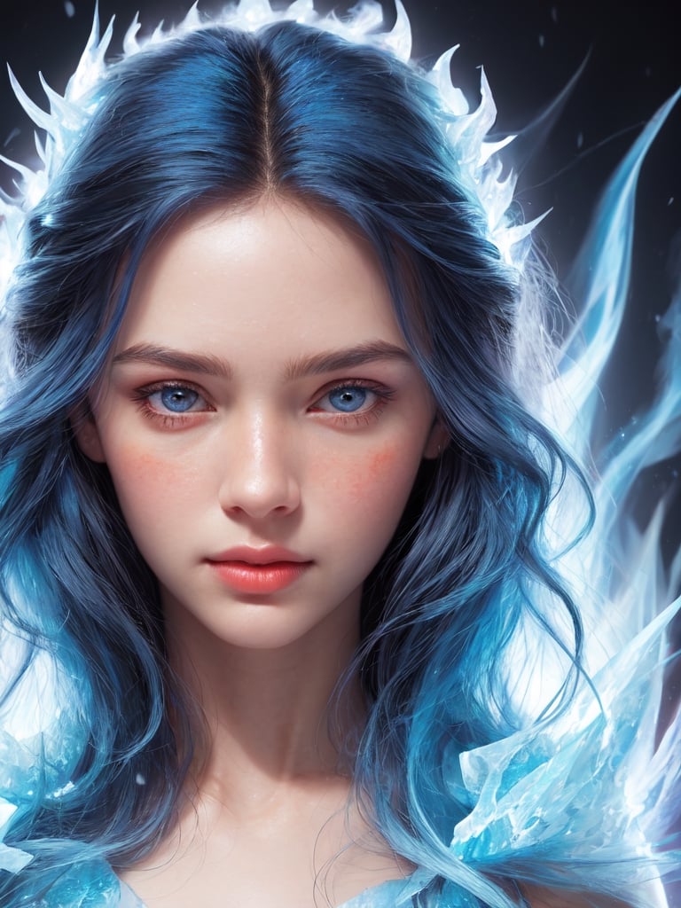 super photorealistic closeup portrait of a radiant goddess of fire and ice.
  