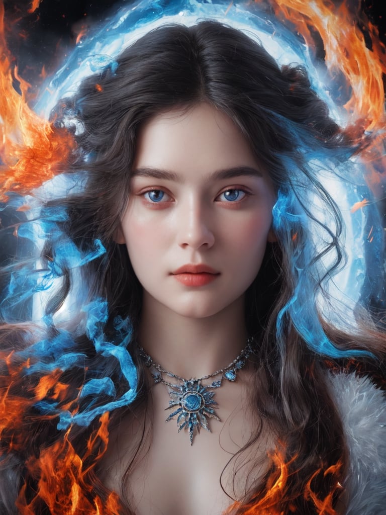 RAW photorealistic closeup portrait of a radiant goddess of fire and ice.
  