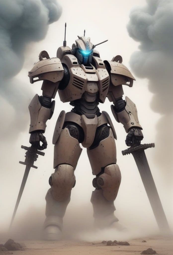 jonnzack_art_style, a lone mecha warrior with his weapons and swords and standing amidst clouds of dust and smoke, a warzone. jonnzack_art_style textures, jonnzack_art_style colors, biomechanical armour suit, jonnzack_art_style comic page layout, jonnzack_art_style designs, intricate ornate armour