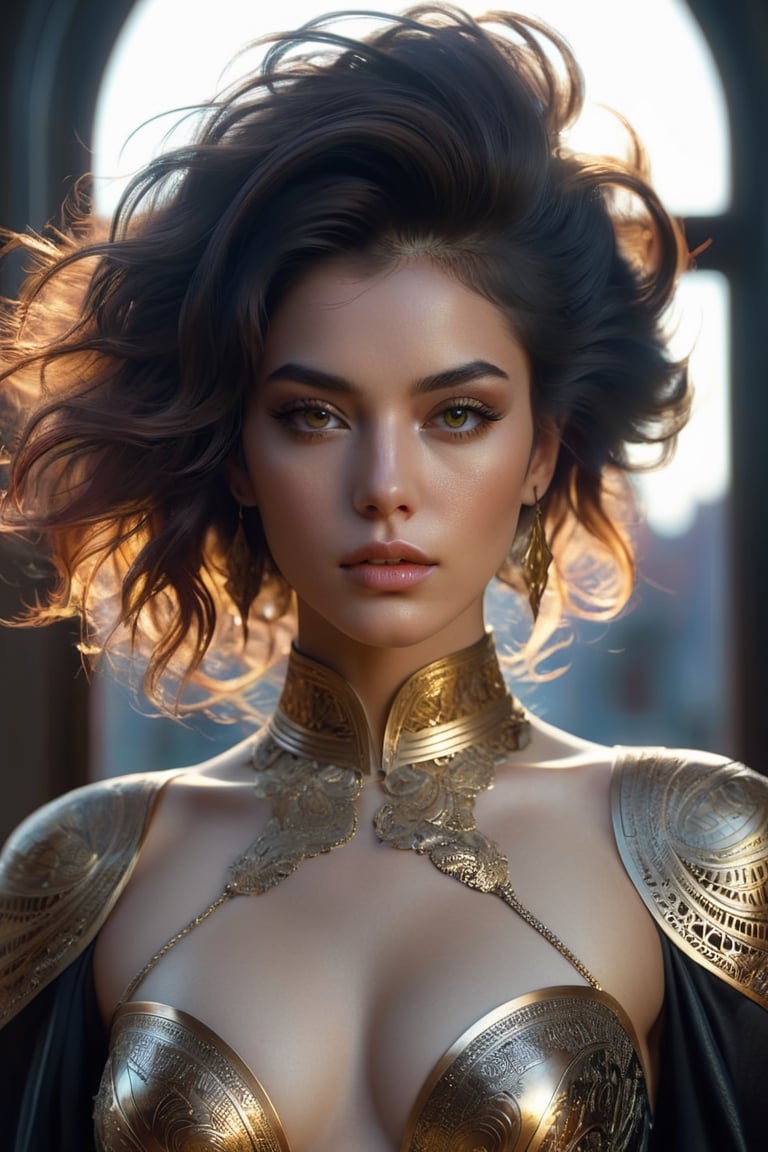 (((full body portrait,))) masterpiece, a model lace brazier, 8k beautiful 25 year old, (((close-up portrait,))) (Frontal view:1.4), symmetrical face, symmetrical eyes, hyper 8k detailed photo, 8k resolution concept art by greg rutkowski, artgerm, wlop, alphonse Mucha, beeple, caravaggio, hyper- detailed intricately detailed art trending on artstation triadic colors unreal engine 5 volumetric lighting, perfect composition, beautiful detailed intricately insanely detailed octane render trending on artstation, 8 k artistic photography, photorealistic, soft natural volumetric cinematic perfect light, chiaroscuro, masterpiece, oil on canvas, digital painting, symmetrical, illuminating, detailed face, smooth soft skin, ultra-realistic, soft hairs, looking into the camera, sf, intricate artwork ominous, matte painting movie poster, golden ratio, trending on cgsociety, intricate, epic, trending on artstation, highly detailed, vibrant, production cinematic character render, ultra high quality model, beautiful body, dark hair, punk hairstyle, hair blowing in the wind, perfect composition, beautiful detailed intricate insanely detailed octane render trending on artstation, 8 k artistic photography, photorealistic concept art, soft natural volumetric cinematic perfect light, chiaroscuro, masterpiece, oil on canvas, beksinski, giger, raw ana-log photo