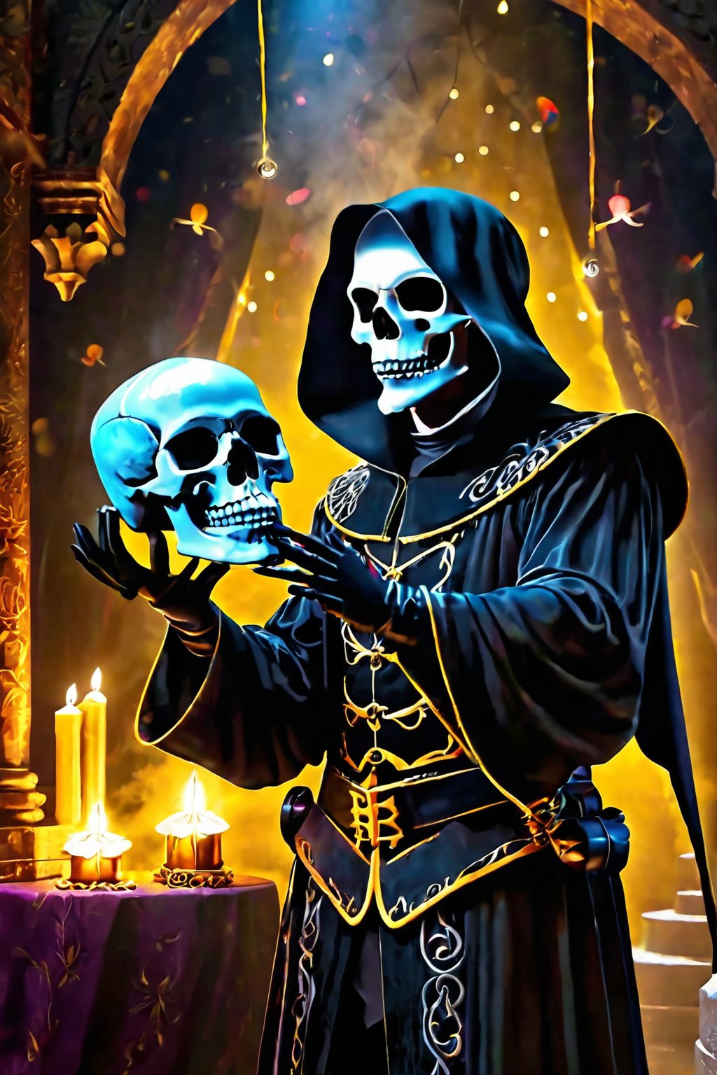 

grand view, digital art of Shakespeare performing the play "To be or not to be" in a grim reaper outfit, looking at a skull he holds in his hands, a phantasmagoric piece of theatrical action, he is in the middle of a stage, with lights focusing on his body and a few smoke in the background surrounding, global illumination in yellow, , 




vibrant ambience, lively atmosphere, adorned with fairy lights and candles, captured in photorealistic detail with real skin textures, soft lighting, and presented as an absurdres masterpiece.

highly detailed HDR photo, 8k quality, best quality, high resolution ultra photorealistic, high definition, highly detailed photo, photon mapping, dynamic angle, professional lighting, highly detailed face and body,expressive eyes, perfectly detailed face

 